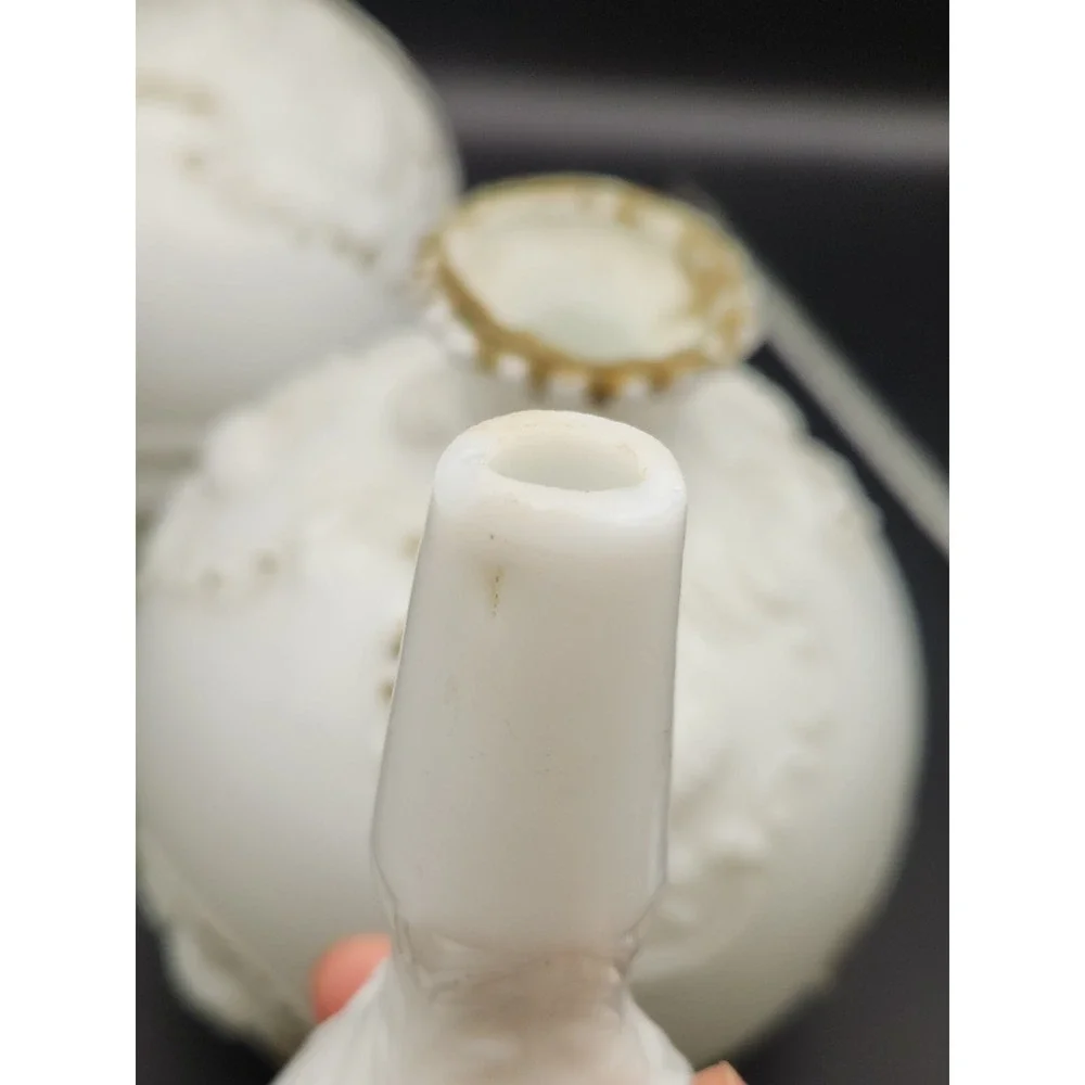 Set Of 2 Antique Milk Glass Vanity Bottles With Stoppers Gold Trim